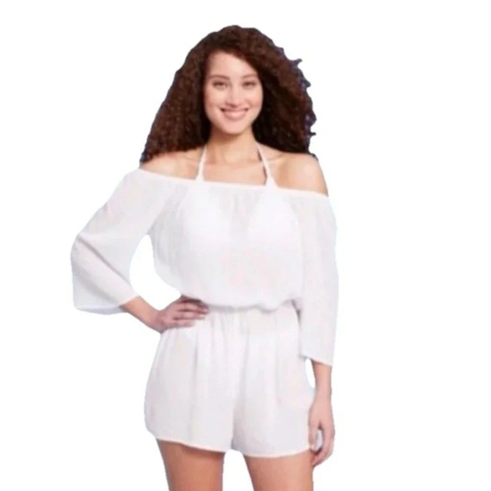 NWT Kona Sol Women's Off the Shoulder Swim Cover Up Romper White Size XL